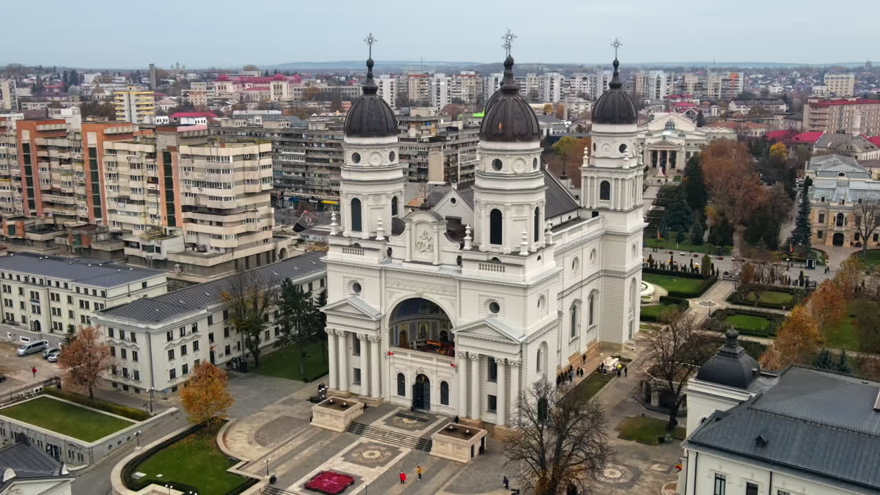 Aerial drone view of the The Metropolitan Cathedral in Iasi, Romania. Buildings around it