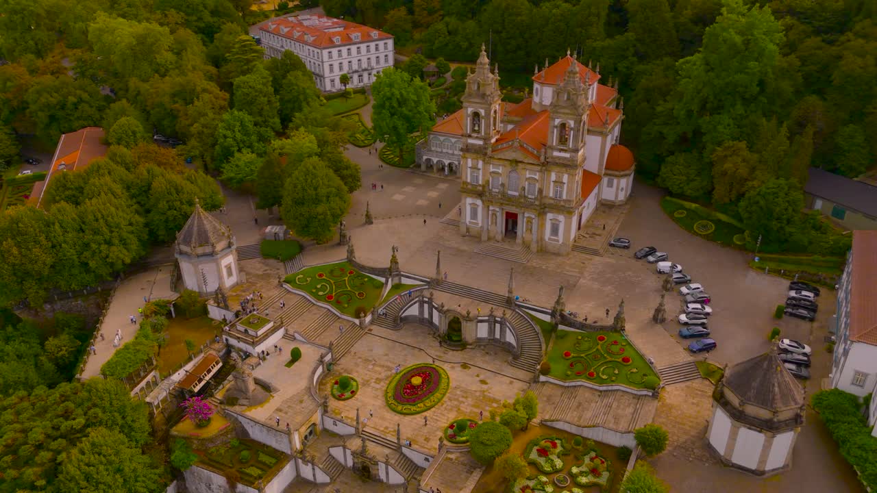 Aerial view of Bom Jesus do Monte in Braga, Portugal at golden hour
