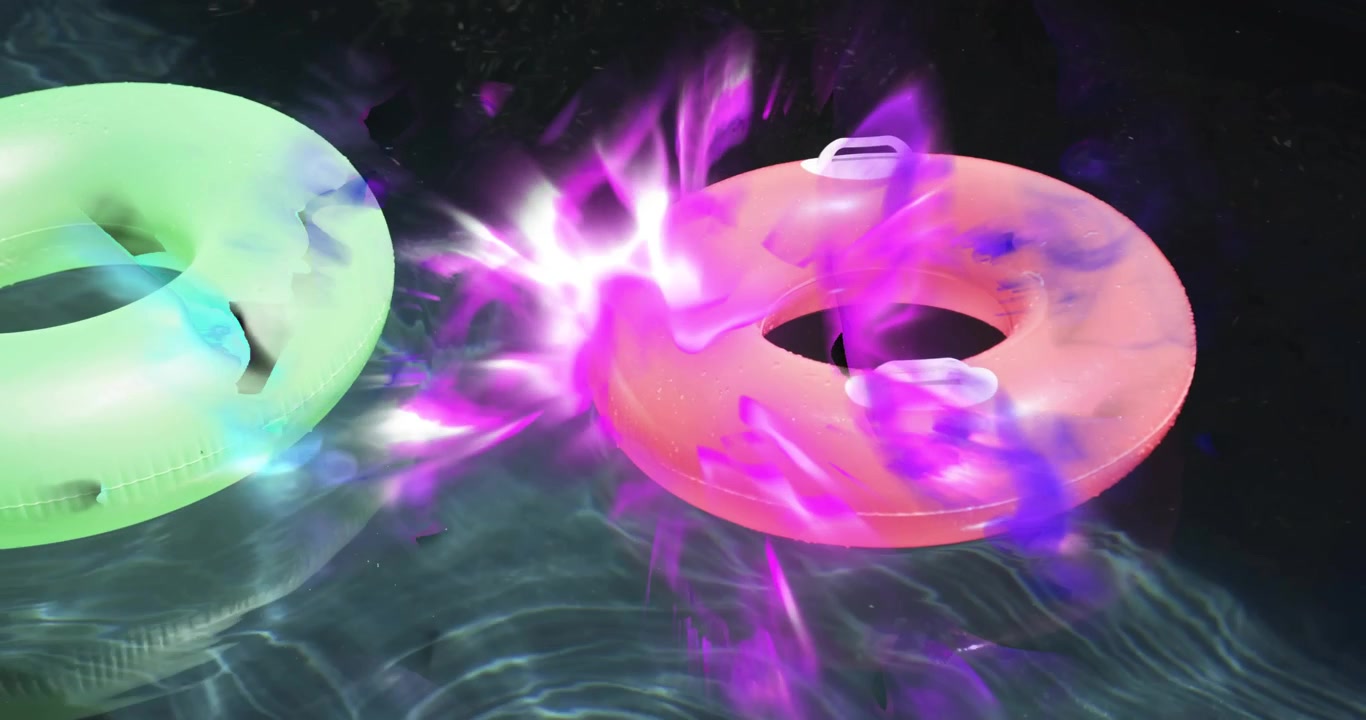 Debole energia viola che si forma tra anelli verde lime e rosa, pulsando e illuminando le increspature dell'acqua