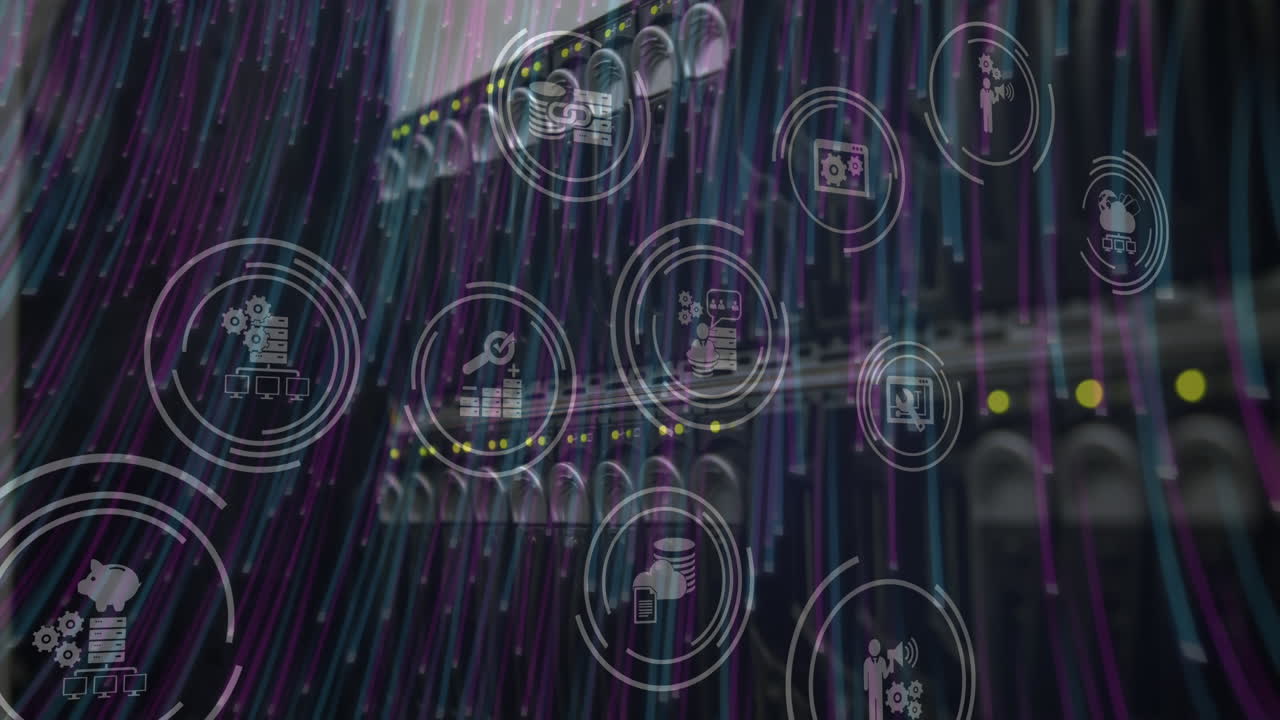 composición digital de iconos digitales y rastros de luz que se mueven contra el primer plano del servidor de computadora