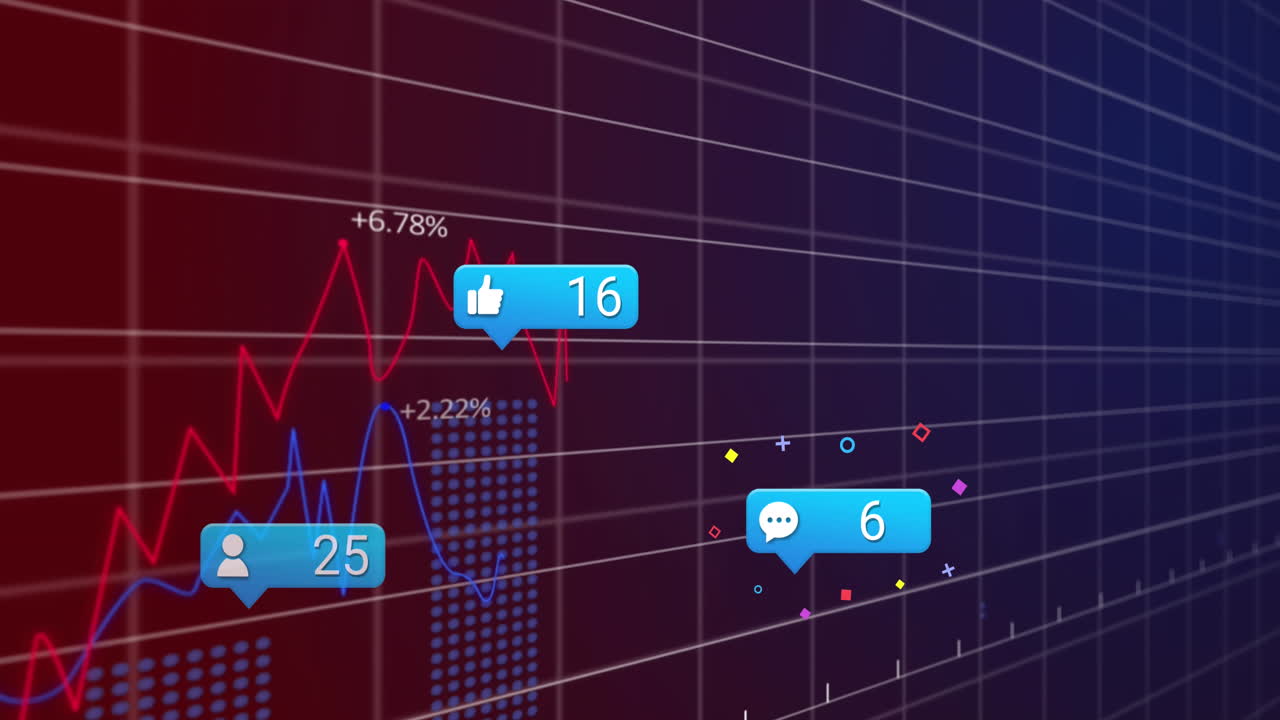 Animation of social media icons and statistical data processing against purple gradient background