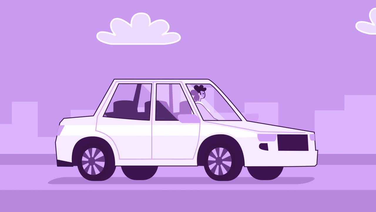 mujer de estilo púrpura personaje plano conduciendo un coche blanco. animación de bucle aislado con canal alfa