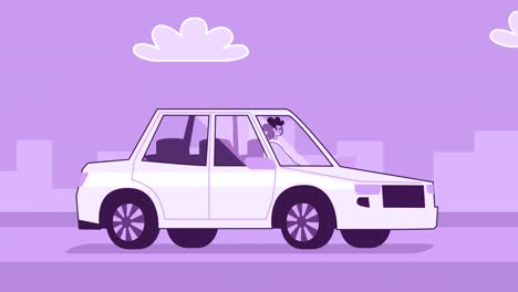purple style woman flat character driving white car. isolated loop animation with alpha channel