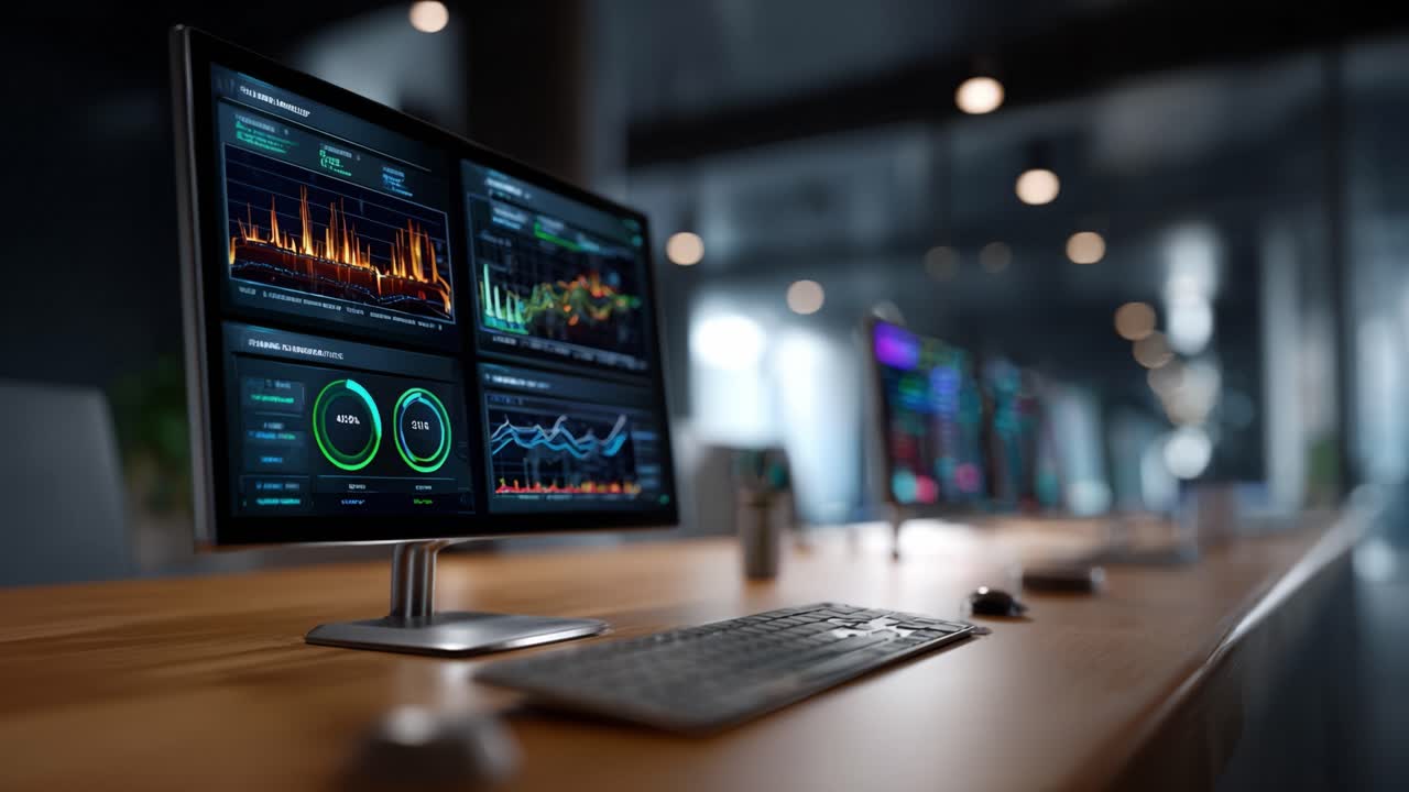 Detailed Overview of Modern Data Analysis Setup with Multiple Monitors Displaying Complex Financial Graphs and Analytics Dashboards in a Contemporary Office Environment