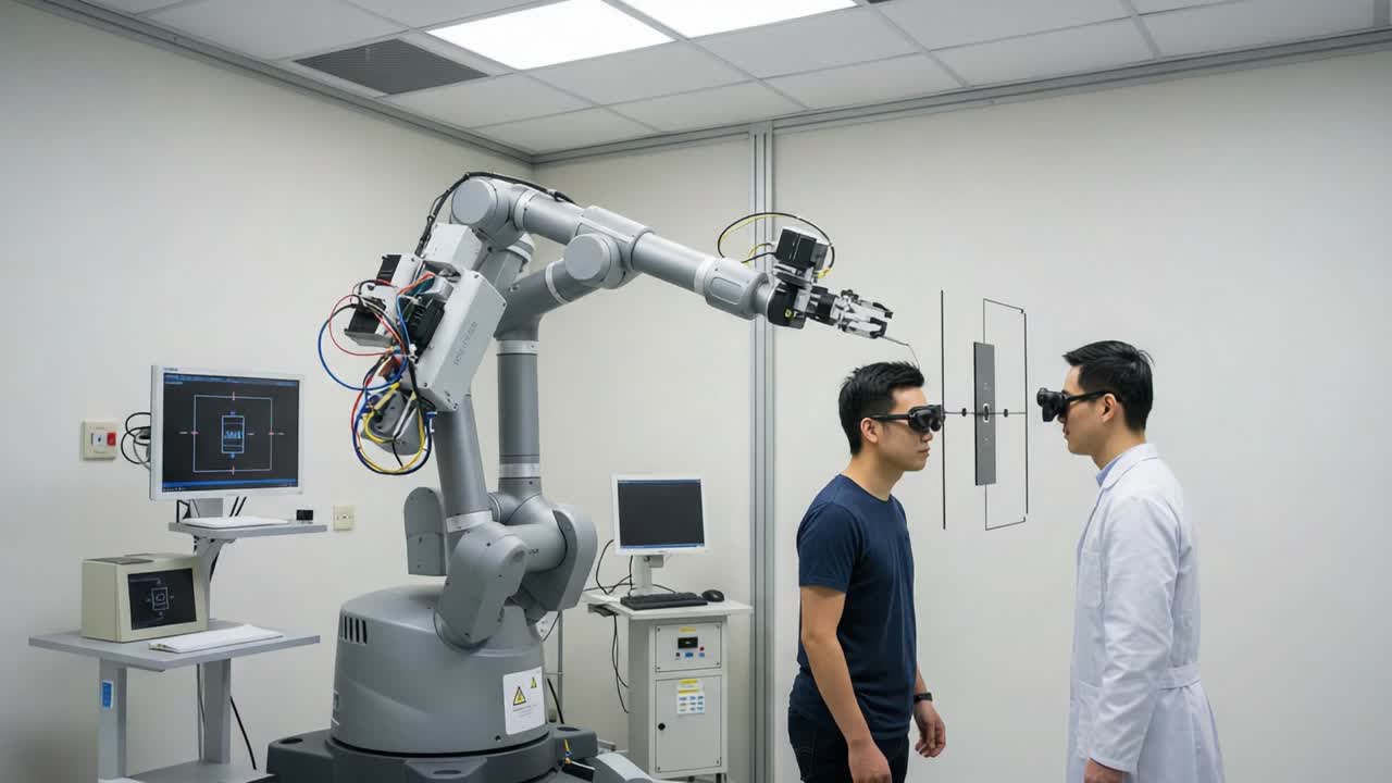 A Technological Encounter: Two Individuals Engaging with an Advanced Robotic Arm in a Controlled Laboratory Setting Focused on Precision and Innovation