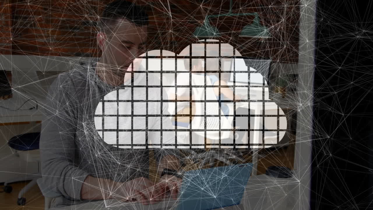 In office, people working with cloud computing and digital network animation