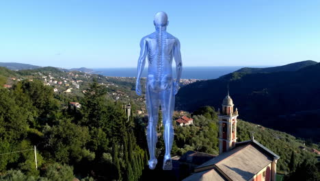 digital composition of human model walking against aerial view of cityscape