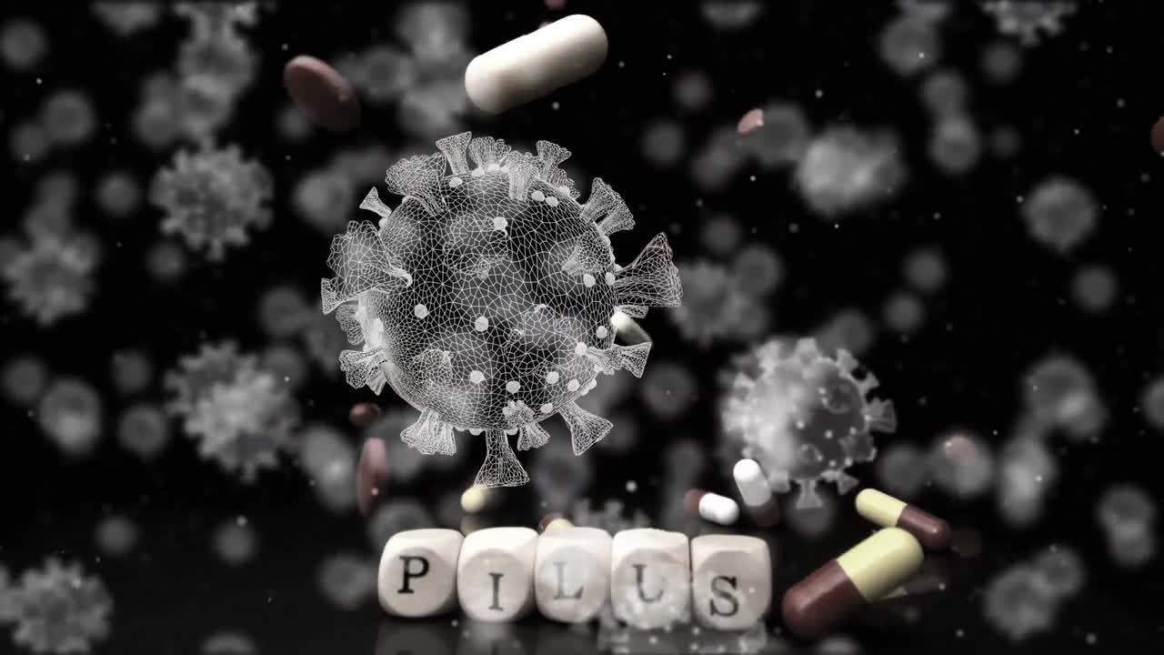 떨어지는 알약과 텍스트 알약으로 스크래블 블록 위에 떠다니는 매크로 코로나19 세포의 애니메이션