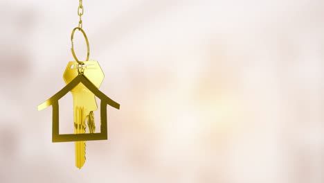 Animation-of-hanging-golden-house-keys-against-blurred-background-with-copy-space