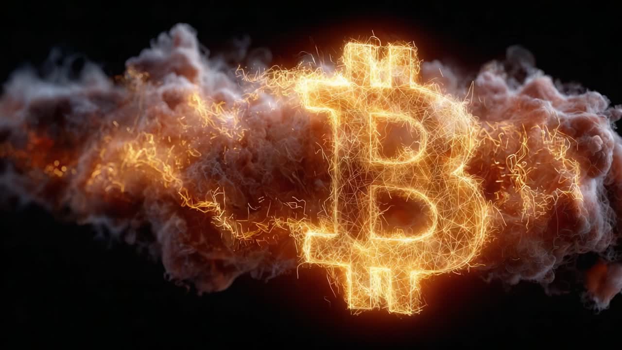 Dynamic Cryptocurrency Representation: A Stunning Visual of Bitcoin Symbol Emerging from Fiery Clouds with Electric Sparks and Vibrant Energy in Dark Background