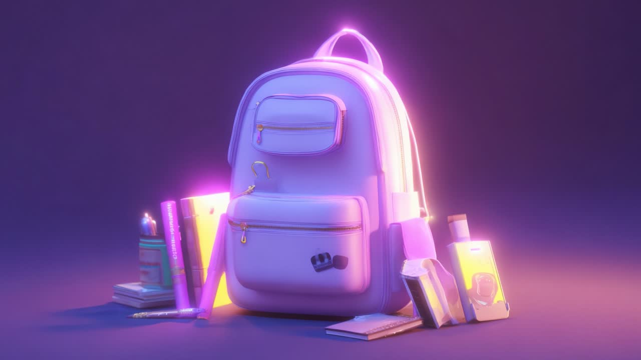 A stylish and illuminated backpack surrounded by various school supplies, stationery, and an array of vibrant colors, blending functionality with modern design and aesthetic appeal