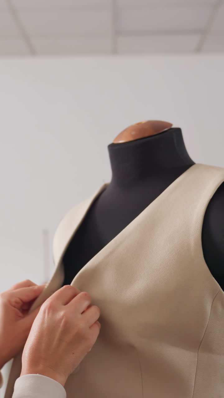 Expert finetunes outfit fit, Fashion specialist ensures flawless attire presentation, Professional stylist meticulously organizes garments to achieve ideal fit and style presentation