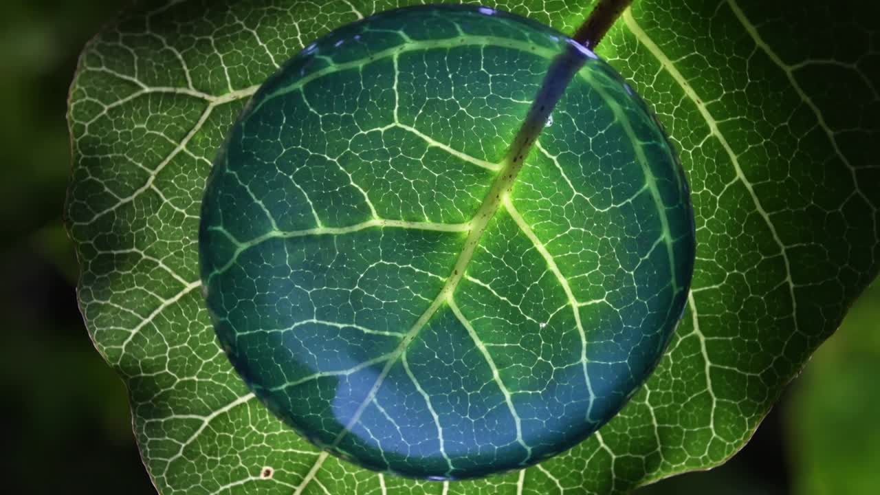 Grande goccia trasparente che si sposta su una singola foglia verde (macro), rivelando venature, picciolo e tacca.