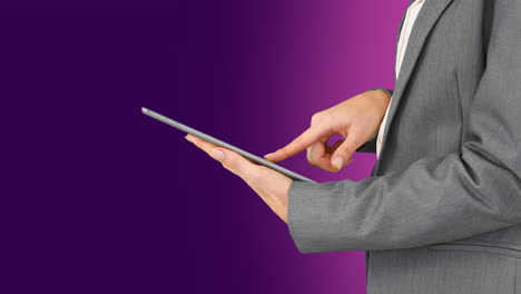 animation of caucasian businesswoman using tablet on purple background