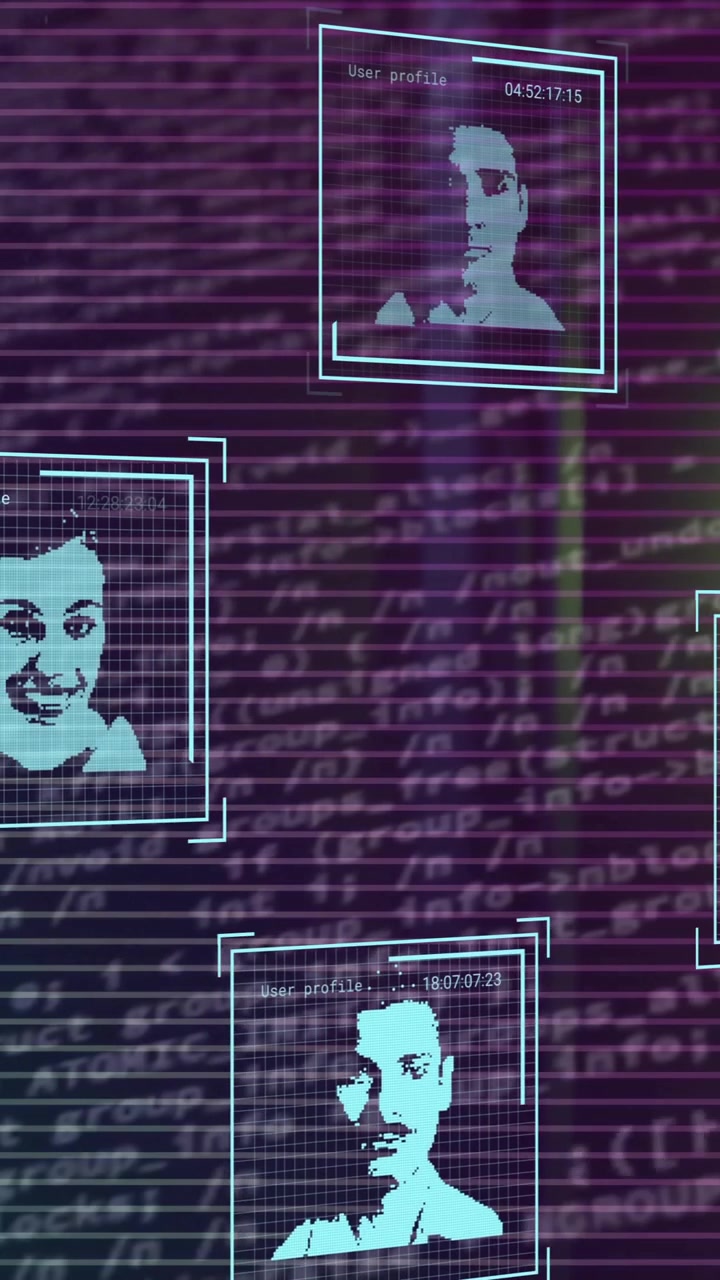 Animation of biometric photos, circuit board and data processing over computer servers