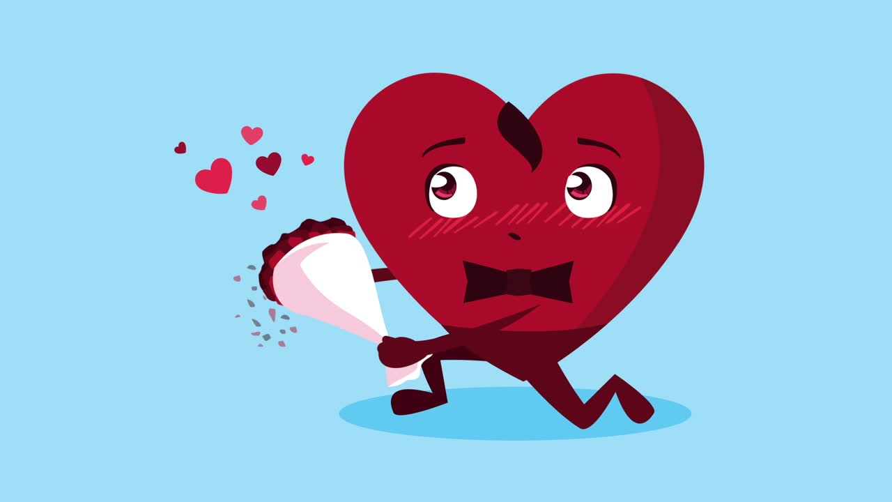 행복한 발렌타인 데이 카드 남성 심장 캐릭터와 꽃의 꽃받침