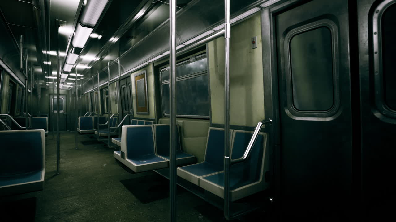 Una carrozza della metropolitana vuota rivela sedili eleganti e pali metallici