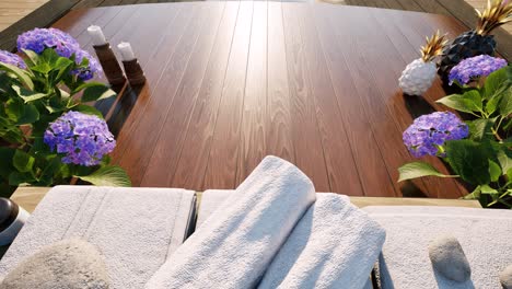 spa wellness setting 3 with palms, flowers, towels, healing rocks, and spa treatment creams on wooden surface, on day time, 3d animation, spa salon treatment, relaxation