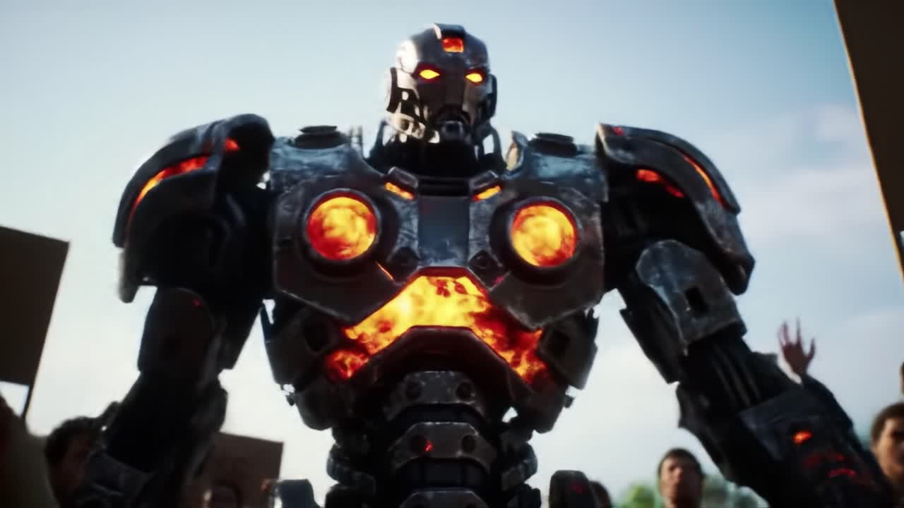 A formidable robotic figure stands at the forefront, radiating intense energy and strength, captivating a crowd with fiery elements that illuminate its metallic exterior in a dramatic showdown