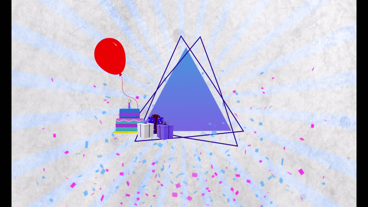 백색 바탕에 트레인글과 라인 위에 풍선을 가진 콘페티, 선물 및 케이크의 애니메이션