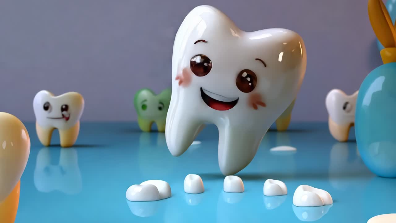 A cartoon tooth is smiling and has a bandage on it. The tooth is surrounded by other teeth, some of which are missing. Concept of dental health and the importance of taking care of one's teeth