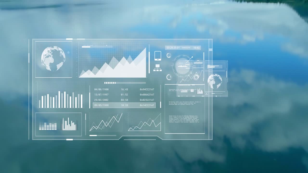 Translucent HUD fading in, shifting down right, pulsing dials, rising graph, showing data over lake