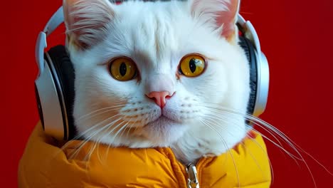 a white cat wearing a yellow jacket and headphones