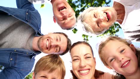 extended family standing in the park together smiling down at camera