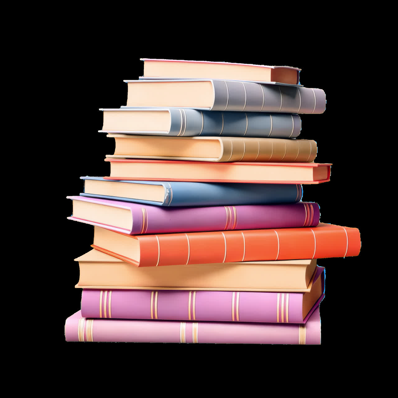 Colorful stack of books animation isolated asset, transparent 4K video, alpha channel, ProRes 4444
