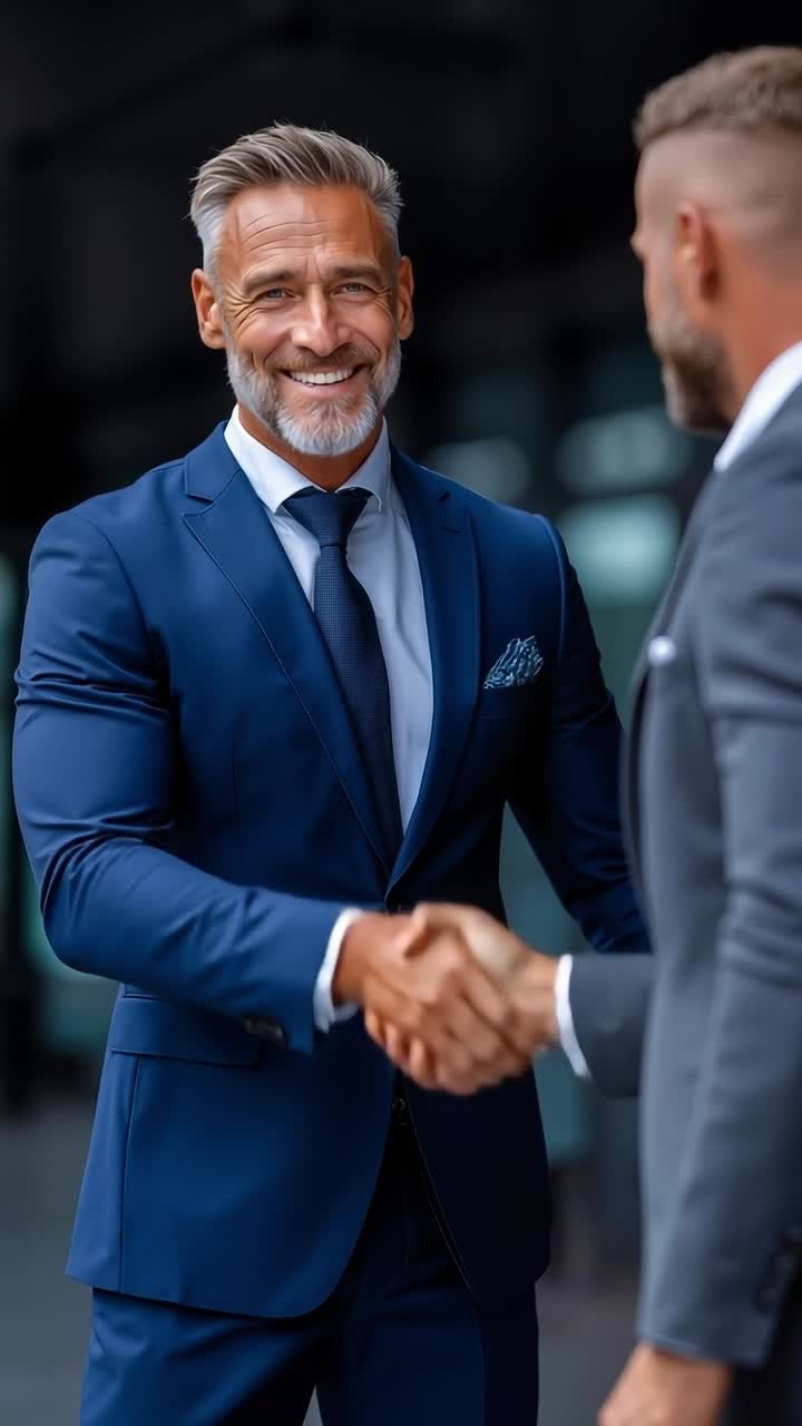 Um homem de terno azul apertando a mão de outro homem