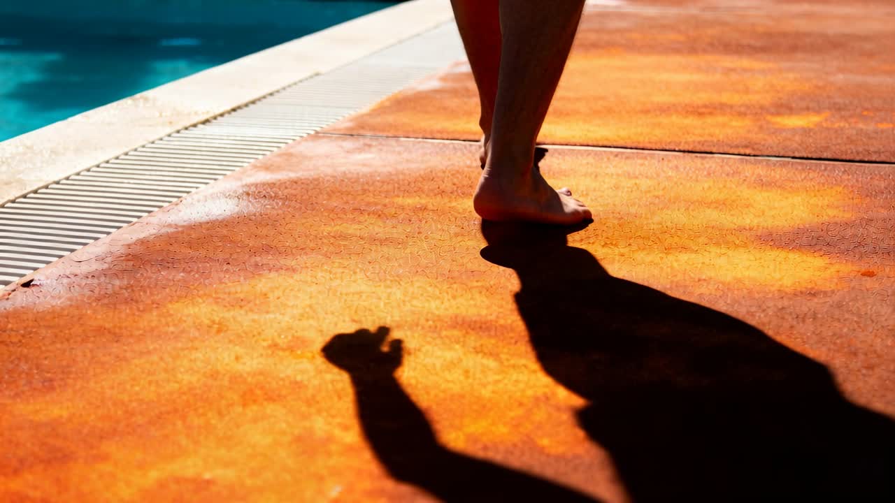 Walking adult's bare feet stepping along orange pool deck, showing blue water, drain grate, shadow