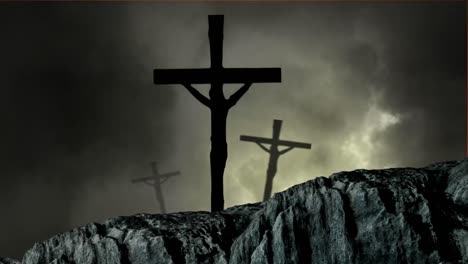 Animation-of-silhouette-of-three-Christian-crosses-over-stormy-grey-clouds