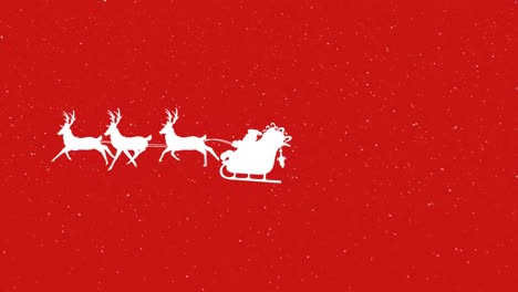 Snow-falling-over-santa-claus-in-sleigh-being-pulled-by-reindeers-against-red-background