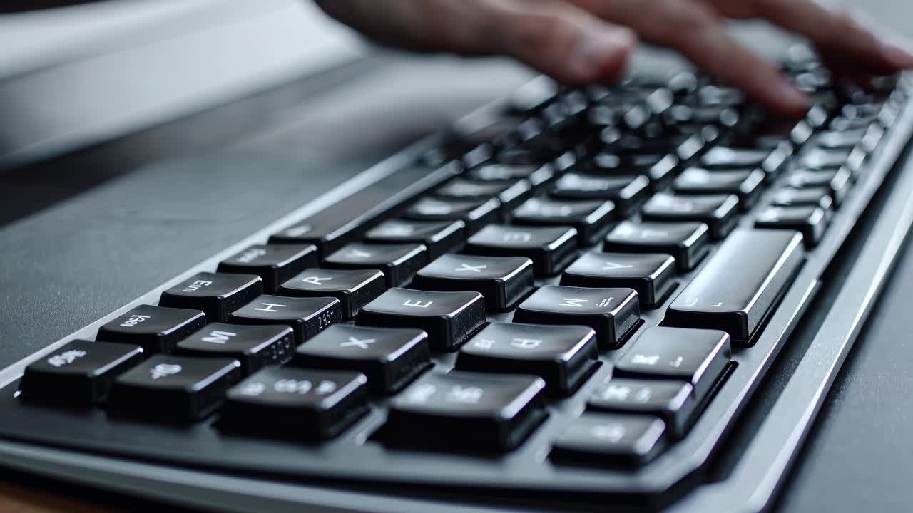 Close-up, low-angle video shot of a sleek black keyboard, highlighting the keys and modern design