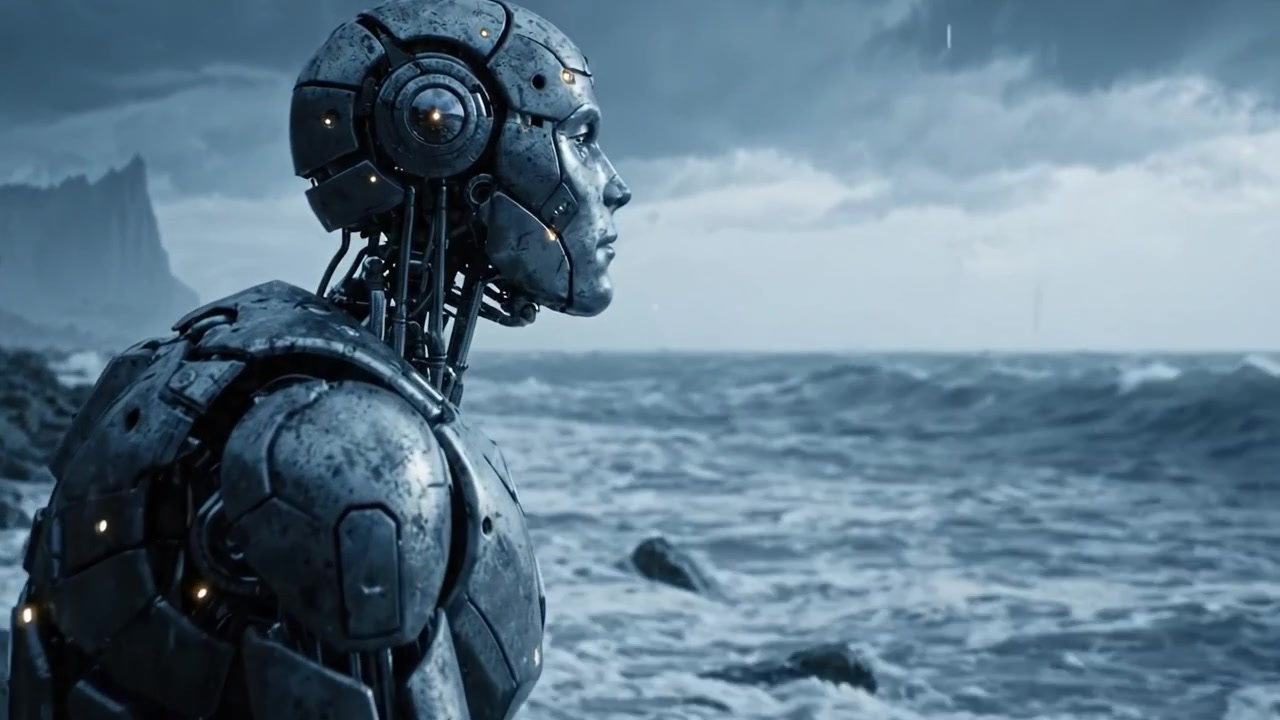 Un robot riflessivo contempla la sua esistenza su una riva tempestosa, catturando l'intersezione tra tecnologia e natura tra onde crescenti e cieli oscurati