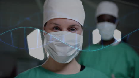 Animation-of-dna-strand-over-diverse-surgeons-in-hospital