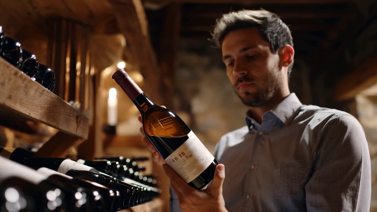 Man examines wine bottle in dimly lit cellar. His focused gaze suggests appreciation or selection. Warm lighting highlights bottle's rich color. Wooden shelves hold many other bottles behind