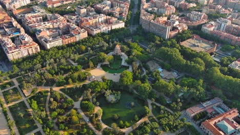 aerial view of barcelona city skyline with public park ciutadella (parc de la ciutadella) - thirty hectare large park close to always crowded historic center of barcelona