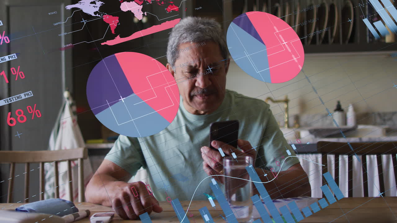 Animation of financial data processing over senior man using smartphone at home