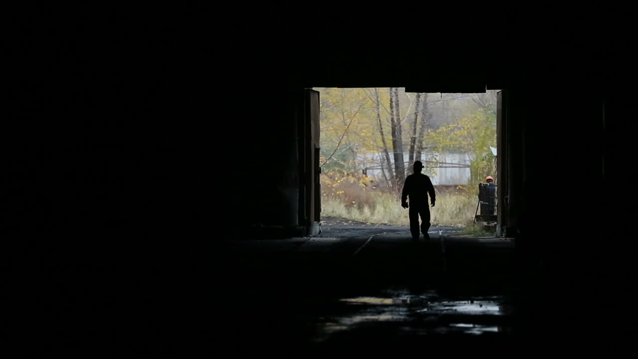 Silhouette of workman in shop. Dark view of workman entering the shop