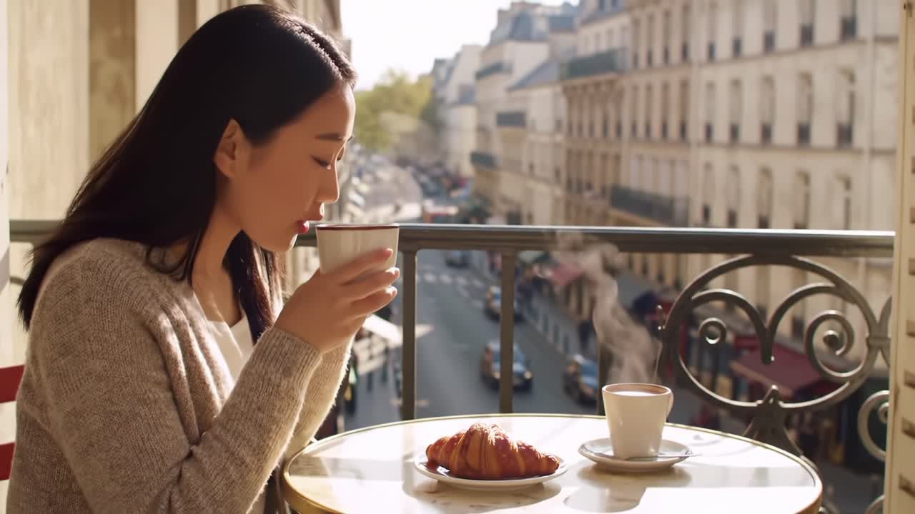 A Serene Morning in Paris: Enjoying Coffee and a Croissant While Taking in the Beautiful Cityscape from a Cozy Balcony Setting