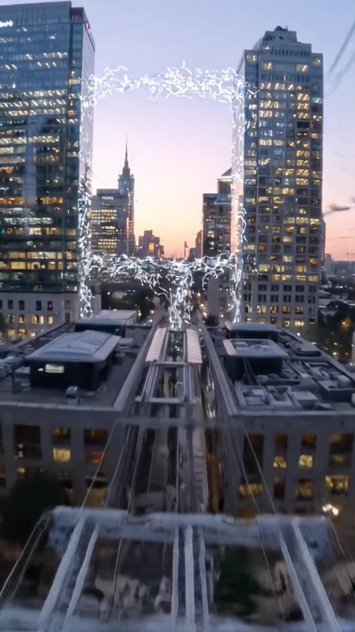 A mesmerizing view of a bustling cityscape at dusk, framed by modern skyscrapers and illuminated by stunning architectural features under a colorful sky.