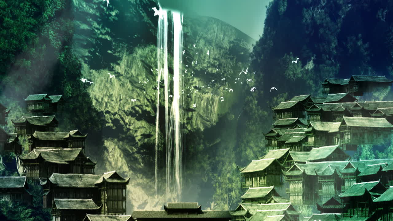 낮에는 고대 중국 전통 일본 풍경 잉크 그림 아름다운 평온한 폭포, 나무, 산, 꽃, 호수, 물, 새, 파란 하늘, 배, 체리 꽃의 계절