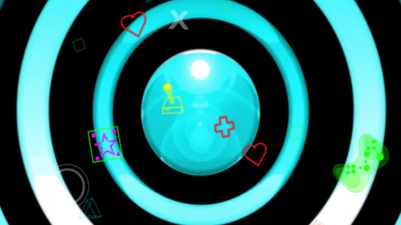 Animation of icons and shapes over colourful circles on black background