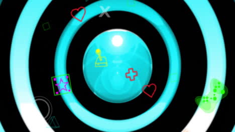 animation of icons and shapes over colourful circles on black background