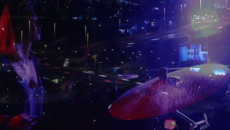 drummer hitting cymbal in music show under purple lights, blending animated city traffic streaks