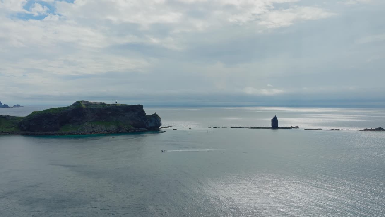 Aerial long exposure fly in slow motion at Japanese sea with headland cape landscape at Shakotan Hokkaido