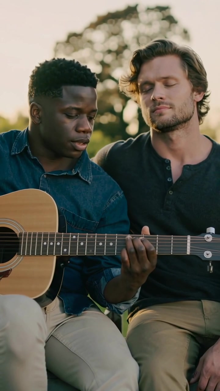 Video verticale: Chitarrista in denim che suona la chitarra acustica su una panchina, con la mano posata, condividendo una canzone tranquilla.