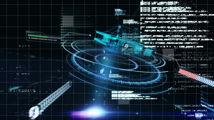 Digital animation of data processing over 3d spinning house model over round scanner