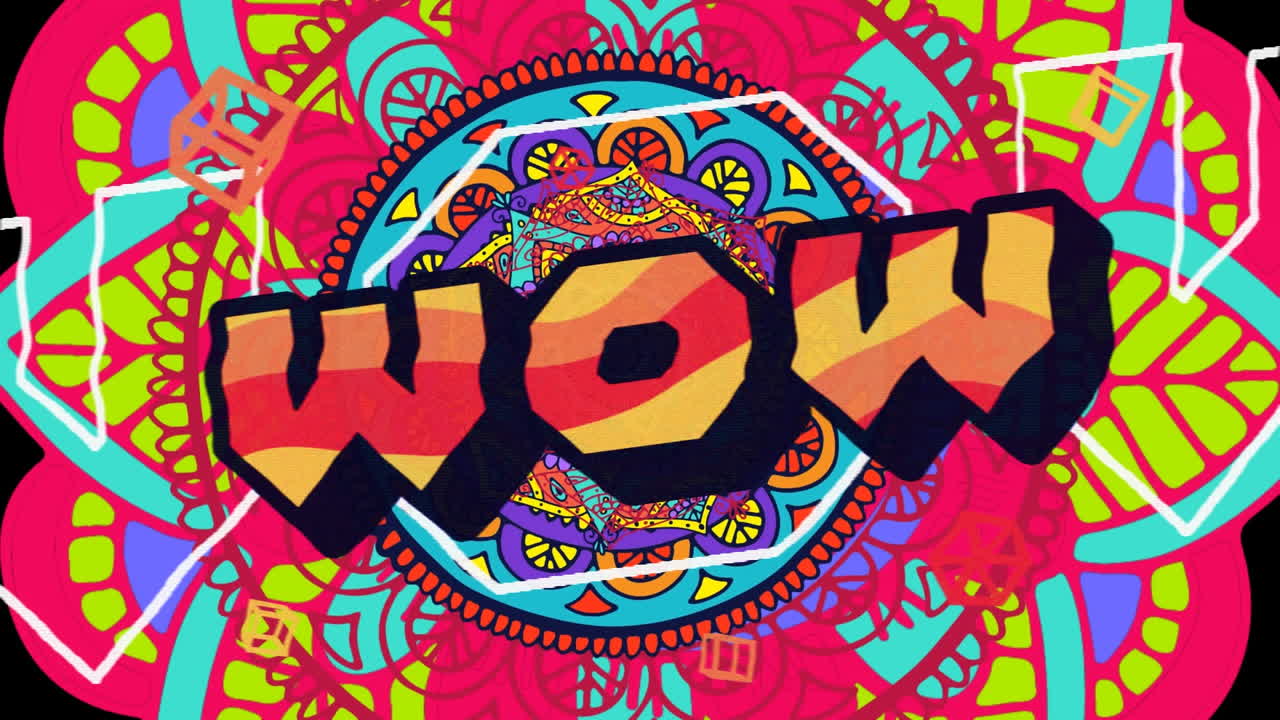 背景のパターンで回転する車輪の上に wow テキストのアニメーション